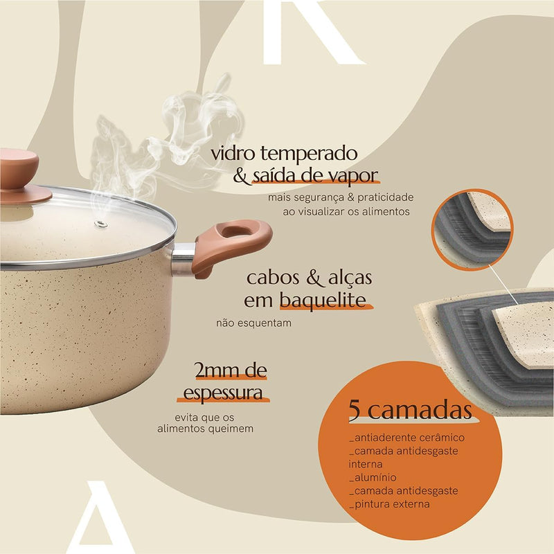 Jogo com 8 Panelas Antiaderentes de Cerâmica Bege + Jogo de Talheres 24 peças
