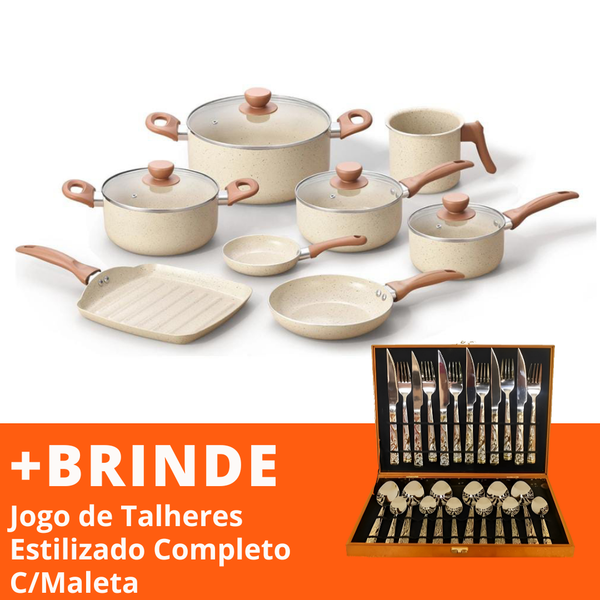Jogo com 8 Panelas Antiaderentes de Cerâmica Bege + Jogo de Talheres 24 peças
